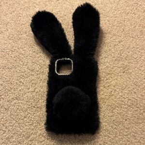 Iphone 15 Pro: Black Furry Bunny Ear Phone Case